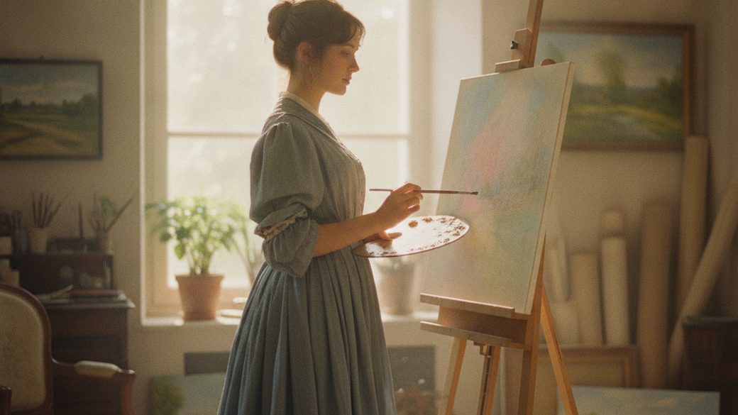 A 19th-century woman painter at her easel in luminous natural light, in the manner of Berthe Morisot