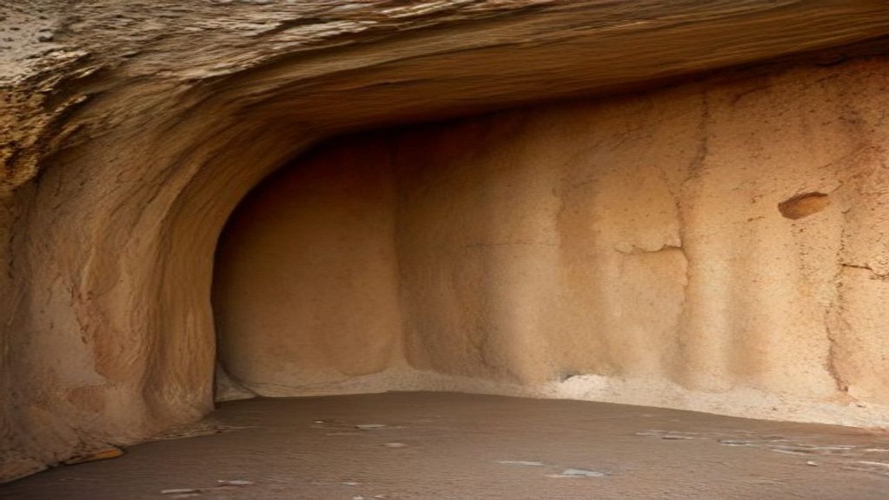 Bare limestone cave wall lit by raking lamplight, the kind of unpigmented rock surface that yielded ancient cave art DNA in the 2026 study