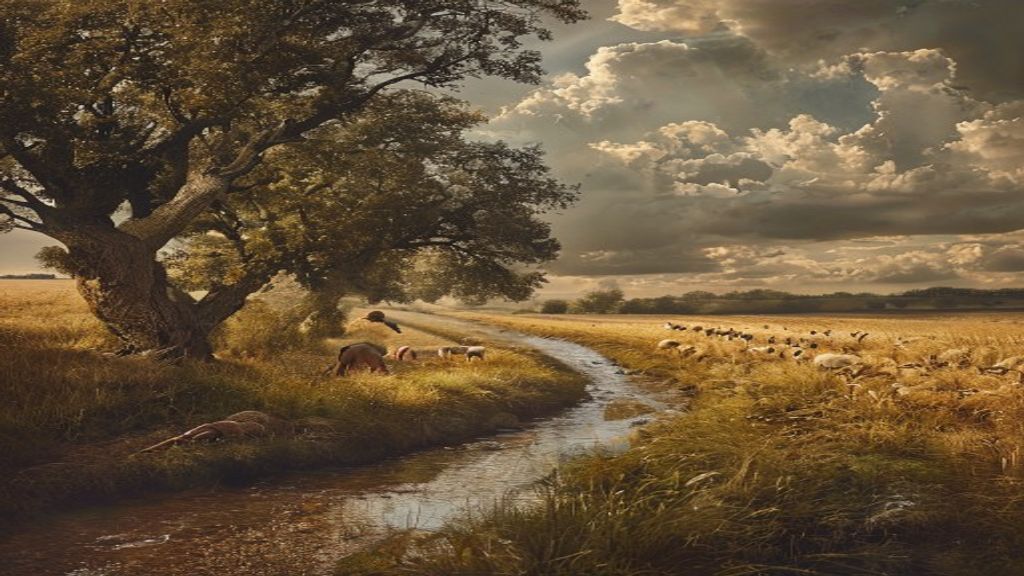 A Constable-style English cornfield landscape: a country lane past a great oak, sheep by golden wheat and a boy at a stream under a dramatic sky