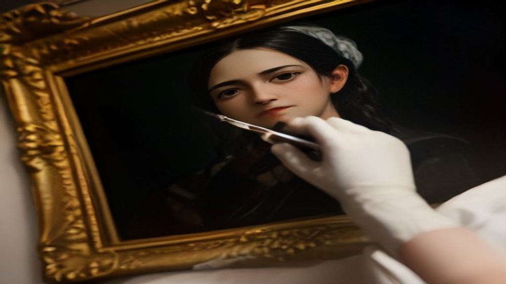 Gloved hand of a conservator retouching a dark old master oil painting with a fine brush, as in the Mauritshuis restoration that returned the hidden soldier to a Pieter de Hooch courtyard scene