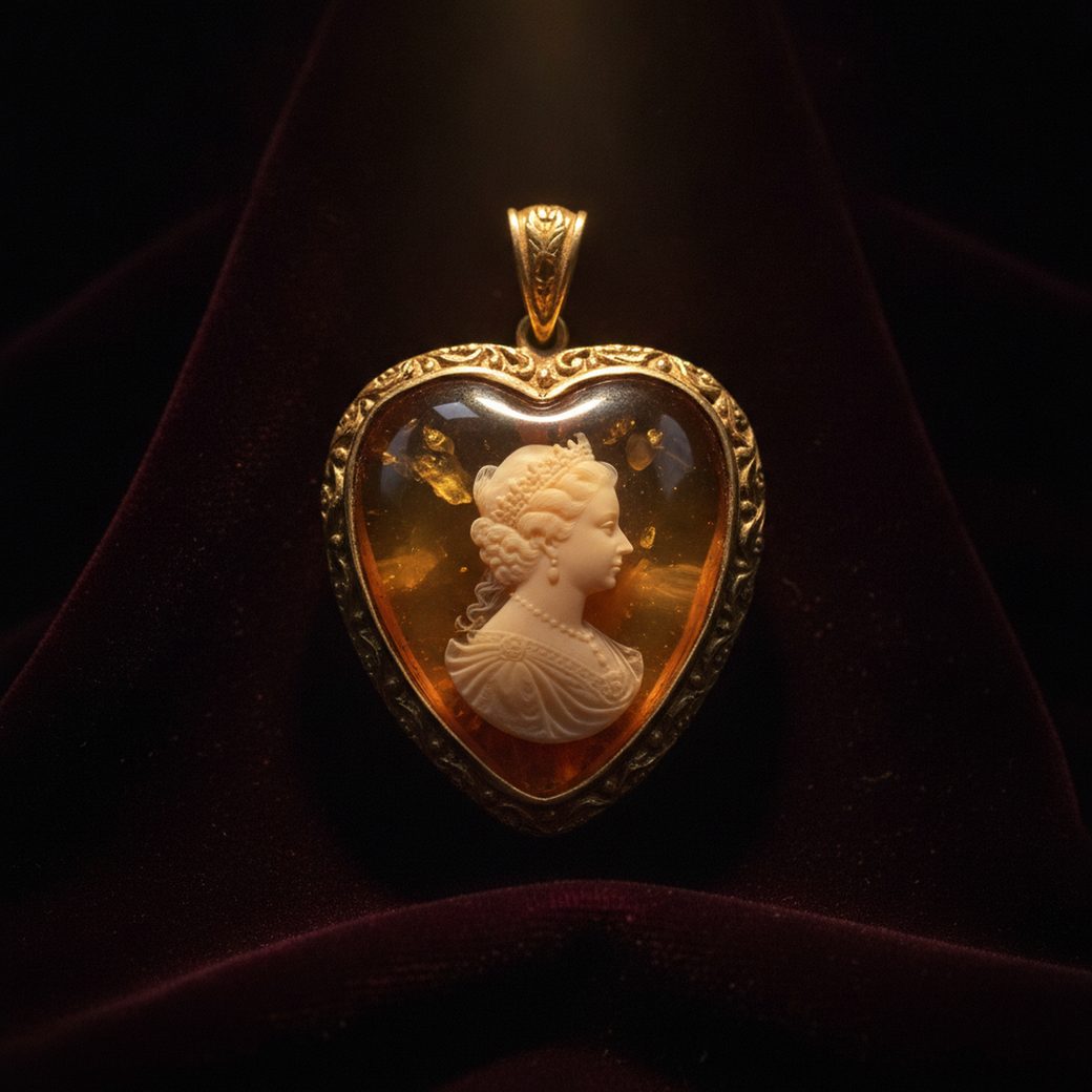 A heart-shaped amber pendant of Elizabeth I glowing in translucent honey-gold amber, spotlit in a museum case