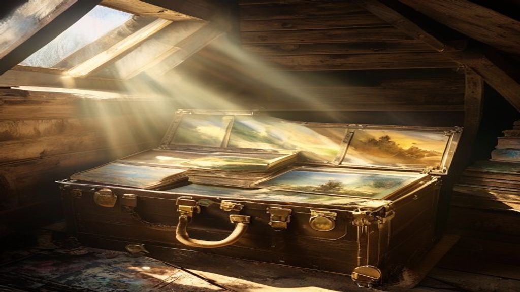 An open antique trunk in a sunlit attic overflowing with 19th-century watercolour landscape paintings, evoking the rediscovered Emily Sargent watercolours