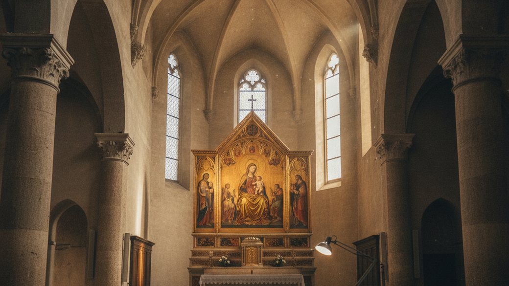 Gold-ground Gothic altarpiece of the enthroned Madonna and Child glowing in the apse of a Dominican church, evoking Fra Angelico's Fiesole altarpiece after restoration