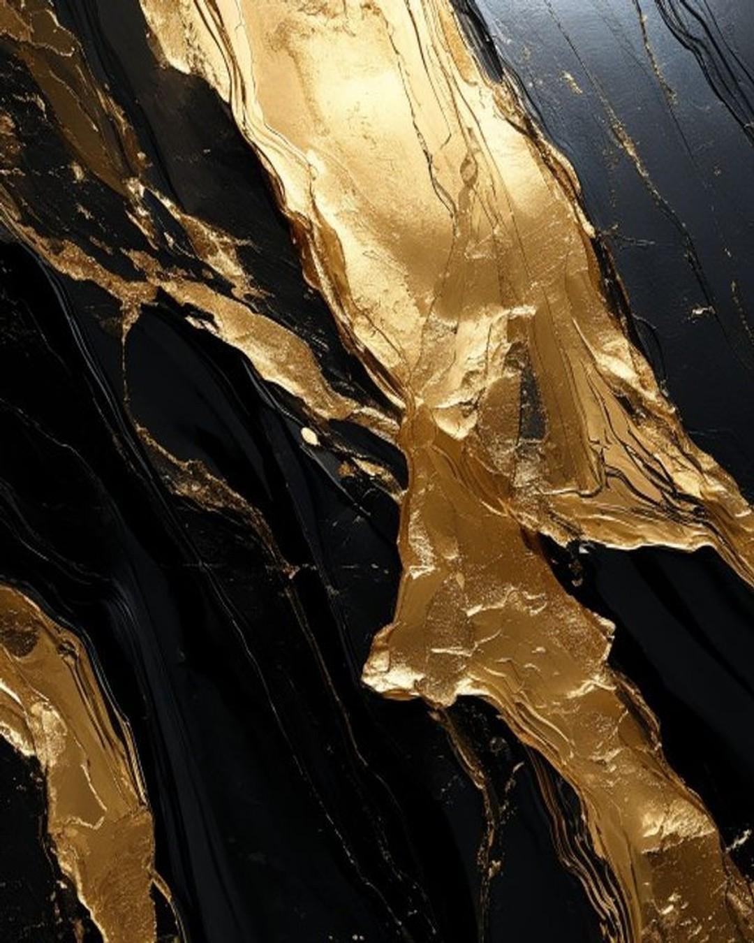 Abstract black-and-gold marbled artwork with rivers of molten gold through glossy black