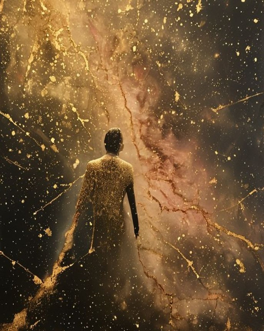 Golden celestial abstract, stars and cosmos rendered in gold