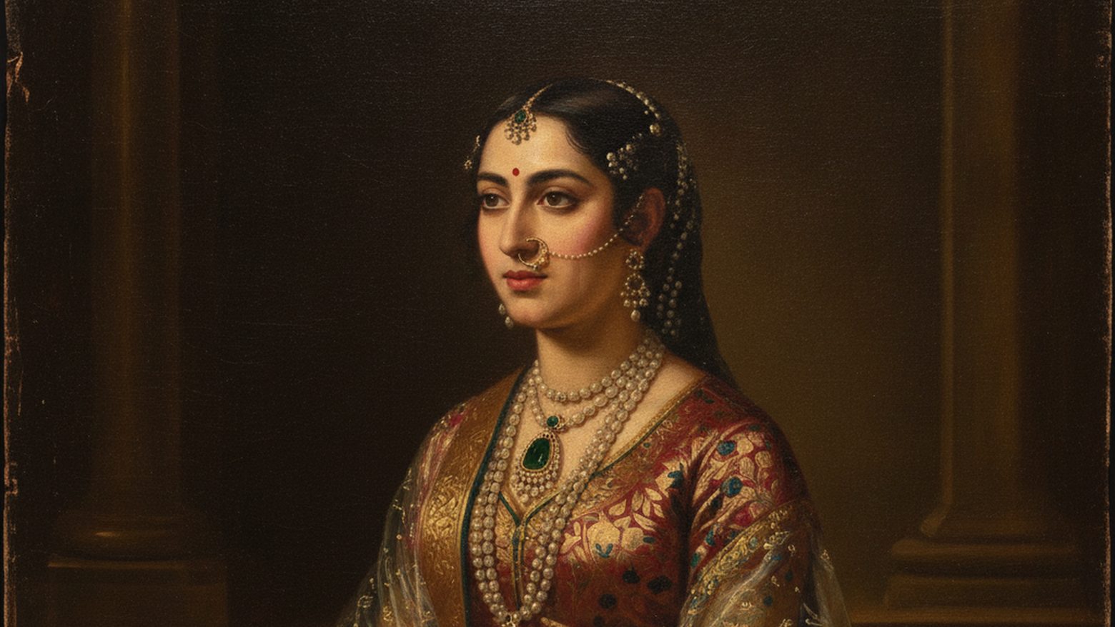Eighteenth-century oil portrait of an Indian noblewoman wearing layered pearl necklaces, an emerald pendant and a gold nose ring, in the manner of the rediscovered Katherine Read portrait