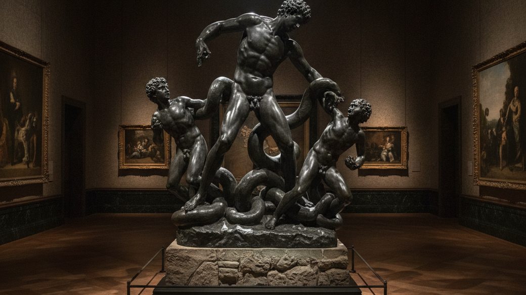 A monumental dark bronze Laoco&ouml;n statue of a father and two sons entangled with serpents, spotlit in an auction gallery