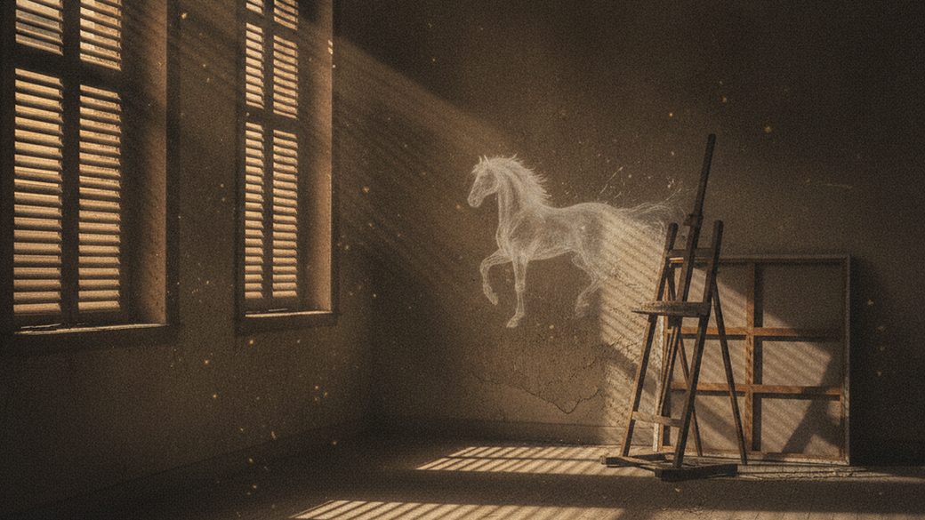 Atmospheric surrealist interior of a 1940s Spanish sanatorium with shafts of light and a spectral white horse, evoking Leonora Carrington's Villa Pilar