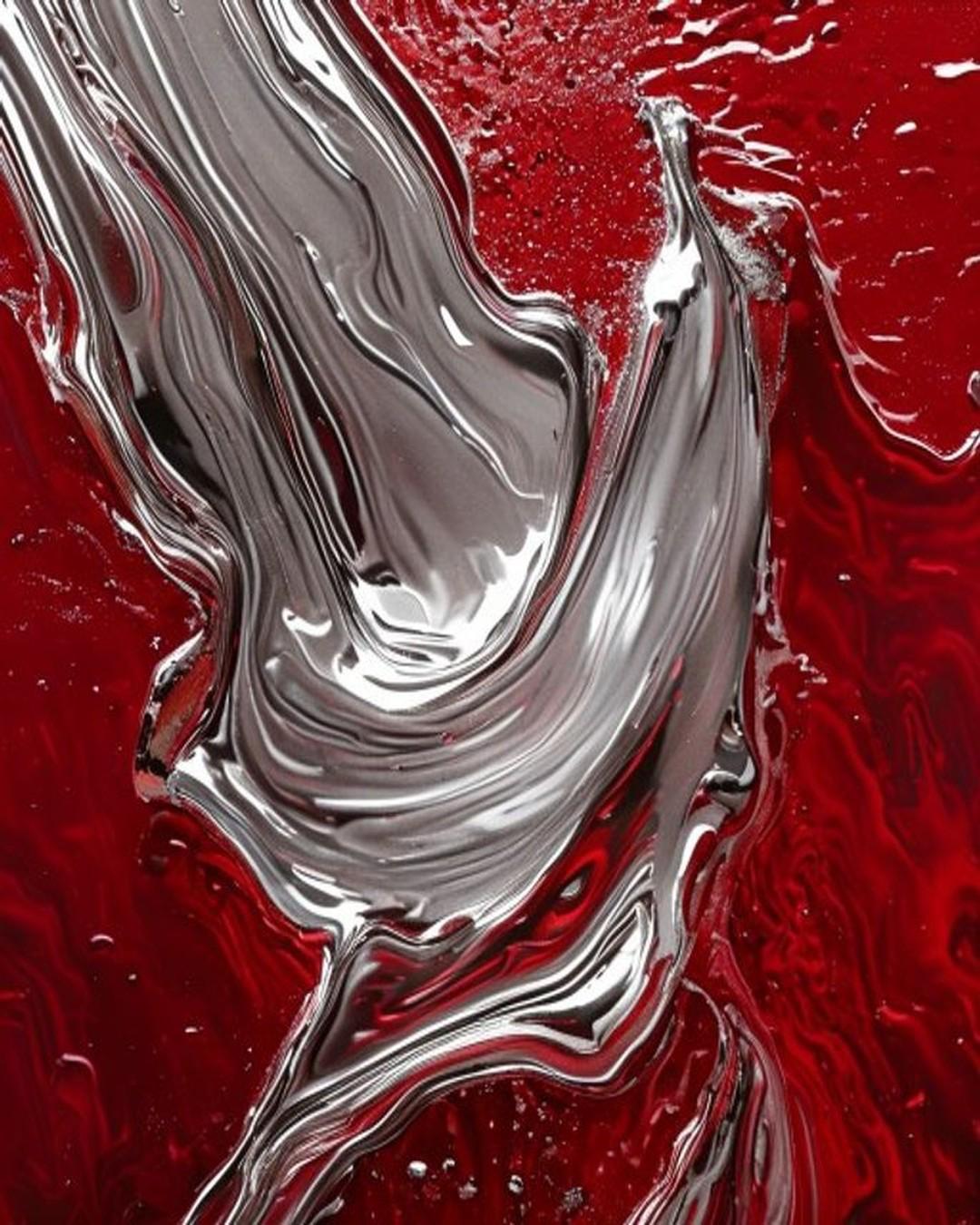 Liquid silver chrome flowing through deep glossy red, mercury-like reflective abstract