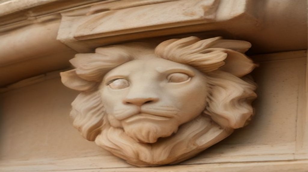 Weathered carved travertine lion head waterspout on the projecting cornice of a Renaissance Roman palace, as on Michelangelo's Palazzo Farnese cornice in Rome