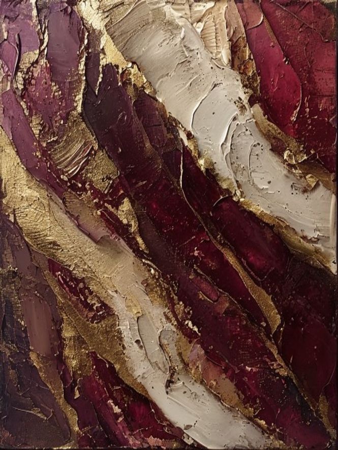 Sanguine Cascade &mdash; textured impasto oil painting in burgundy, cream and gold leaf