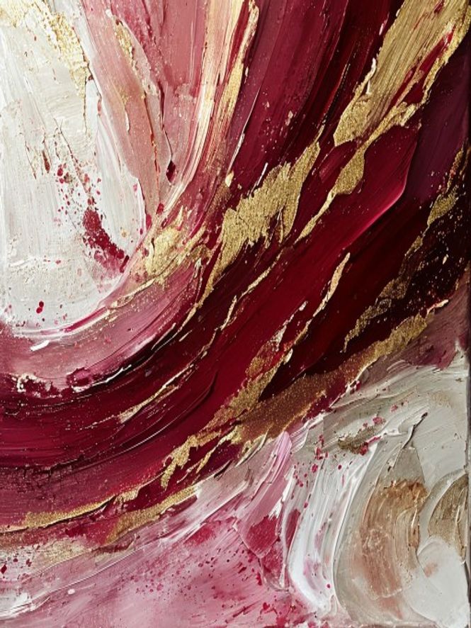 Bordeaux Vortex &mdash; sweeping abstract oil painting in wine red, cream and gold