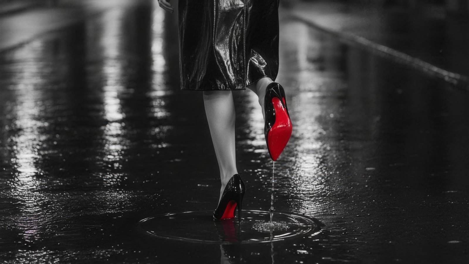 A woman in black lacquer walking a rain-wet night street, photographed in black and white with only the red lacquered sole of her shoe in colour