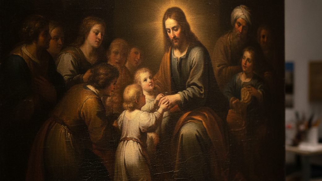 A rediscovered early Rembrandt in dramatic chiaroscuro, a candlelit crowd around a robed figure blessing children, a turbaned man half-hidden in shadow