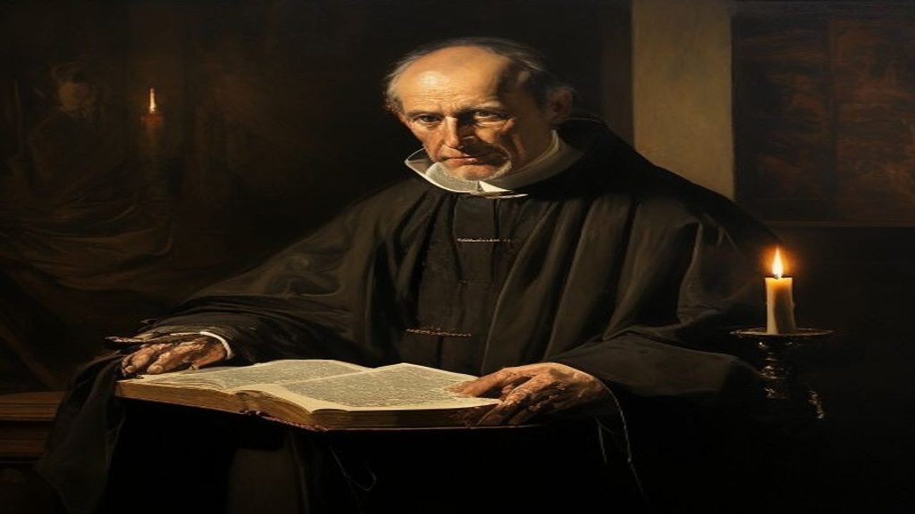 A Renaissance portrait in the manner of Sofonisba Anguissola: a canon regular in dark robes, mid-lecture, his hand on an open Bible in warm candlelit chiaroscuro