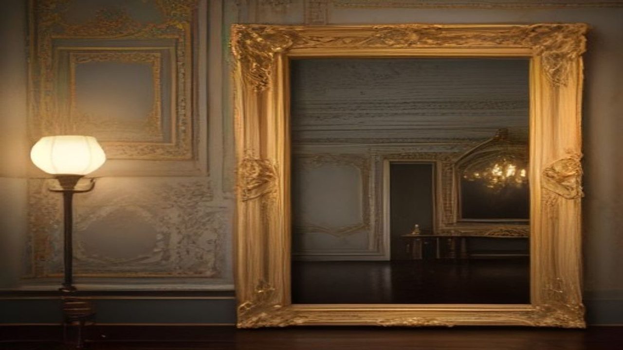 Empty gilded picture frame standing in a dim villa gallery with bare panelled walls behind it, the aftermath of an art theft before the stolen paintings are recovered