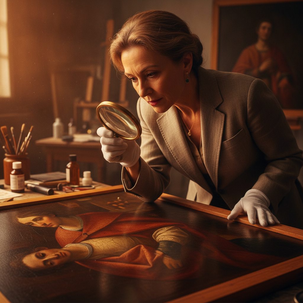 An art historian examining an old-master painting with a magnifier