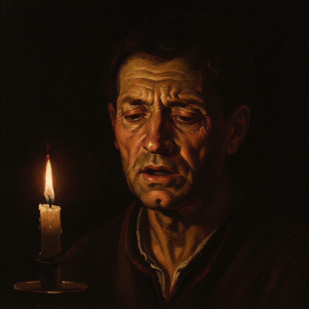 A Baroque chiaroscuro painting of a face lit by a single candle out of darkness
