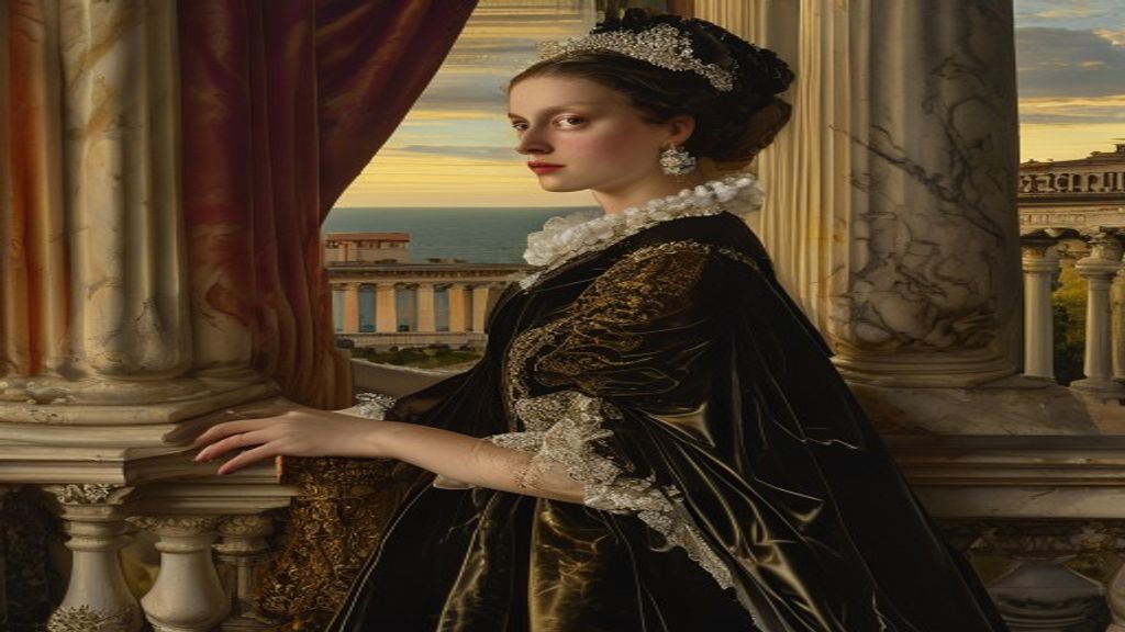 A Van Dyck-style Genoese portrait of an aristocratic young noblewoman in black satin and a lace ruff beside a crimson curtain and marble column, a Ligurian palazzo terrace behind her